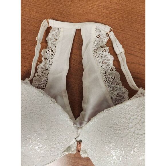 PINK 36DD white with silver shimmer, date push-up lace racerback bra - Picture 4 of 7
